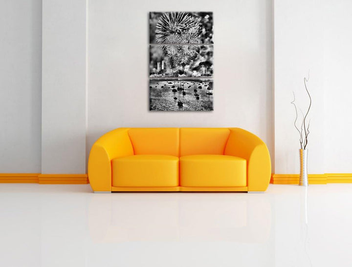 Pixxprint Monocrome, Boot auf See Feuerwerk 3-Teiler Leinwandbild 120x80 Bild auf Leinwand