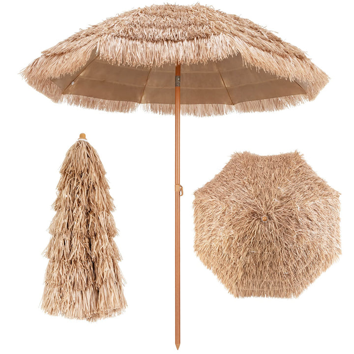 GOPLUS Sonnenschirm Hawaii, Ø 208 cm Sonnenschirm Stroh um 30° knickbar, Strandschirm mit PP-Stroh &amp;