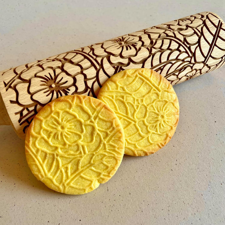 DECKCHEN Nudelholz. Teigrolle mit Blumenmotive für Hausgemachtes Gebäck und Keramik. Präge Teigrolle