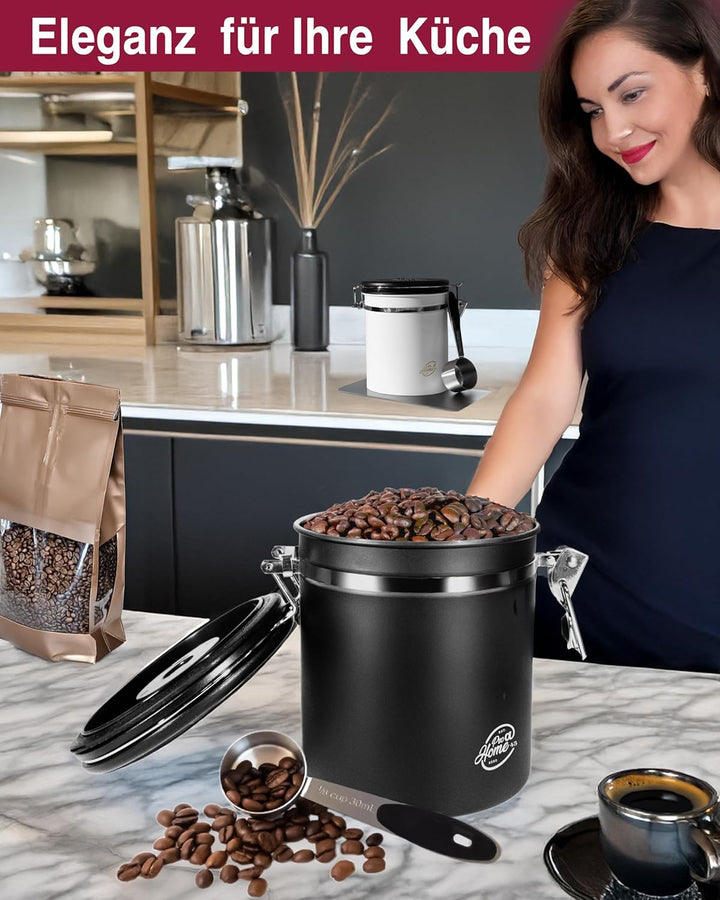 Kaffeedose luftdicht 500g - Schwarz - Kaffeebohnen Vorratsbehälter 1,5L aus Edelstahl mit Kalenderfu