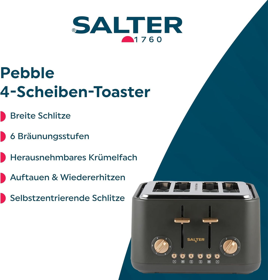 SALTER Pebble 4-Scheiben-Toaster – breiten Schlitzen, 6 Bräunungsstufen, selbstzentrierende Schlitz,