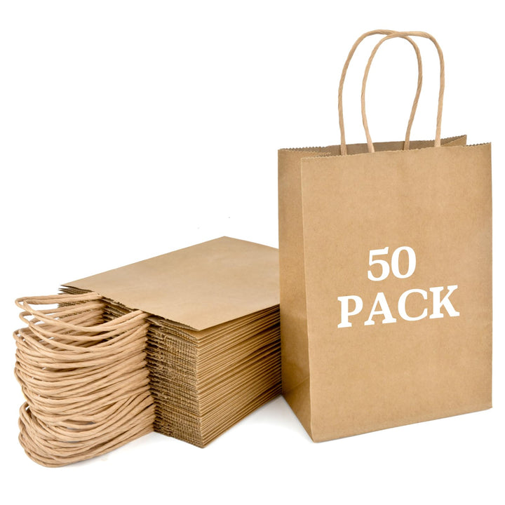 MAOOY 50stk Papiertüten mit Henkel Kleine Geschenktüten Papiertaschen Braun 15x8x21cm,Kraftpapiertüt