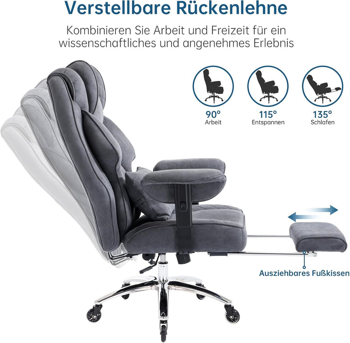 Ergonomischer Bürostuhl 200kg, Chefsessel mit Fussstütze, Schreibtischstuhl mit Lendenkissen, Bequem