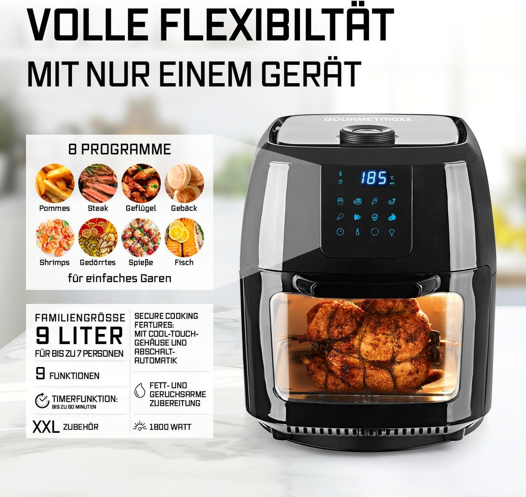 GOURMETmaxx Digitale XXL Heissluft-Fritteuse 9 Liter | Frittieren ohne Fett, Fritteuse, Ofen und Dre