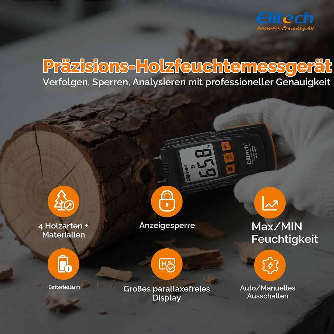 Elitech Holzfeuchtemessgerät Digital, 4 Holzarten, ±2% Genauigkeit, 9,8 mm Sonden, Feuchtigkeitsmess