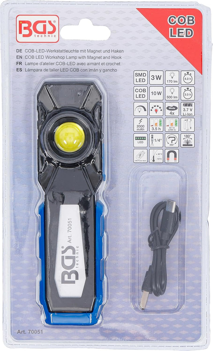 BGS 70051 | COB-LED-Werkstattleuchte mit Magnet und Haken | klappbar | Akku | Arbeitsleuchte | Werks