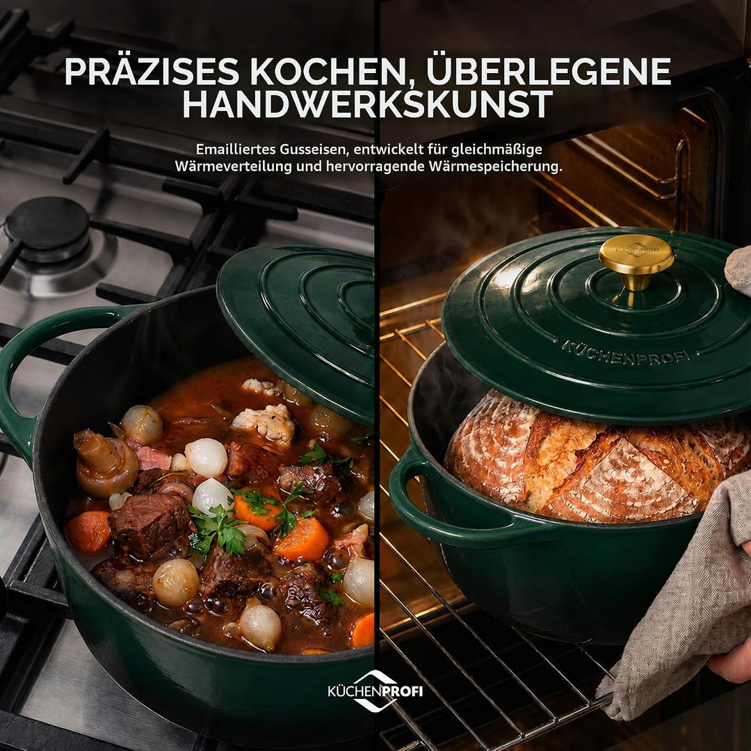 Küchenprofi Gusseisen Bräter mit Deckel, grün/innen schwarz , 26 cm, Schmortopf, Auflaufform, Dutch