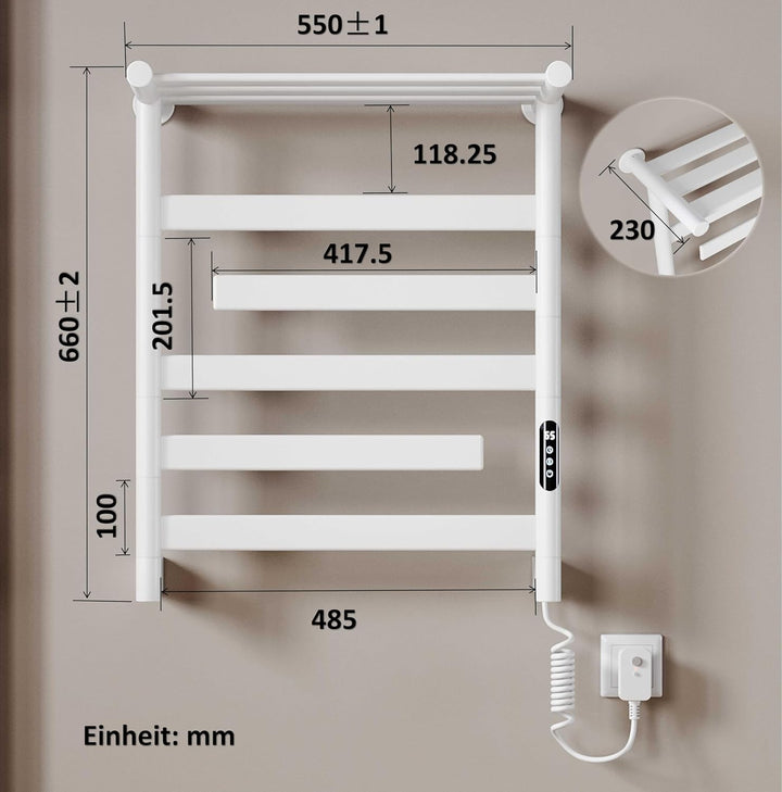 Handtuchheizkörper Elektrisch 66 x 55cm, 180° Drehung Handtuchwärmer Elektrisch mit Heiz-Ablage, WiF