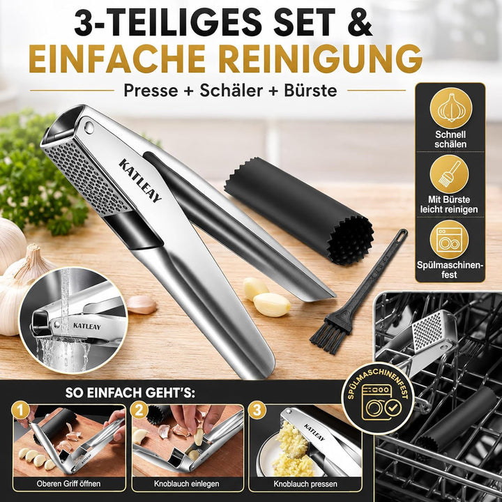 Profi Knoblauchpresse Edelstahl, Garlic Press Spülmaschinenfest - mit Schäler und Bürste, Leicht zu