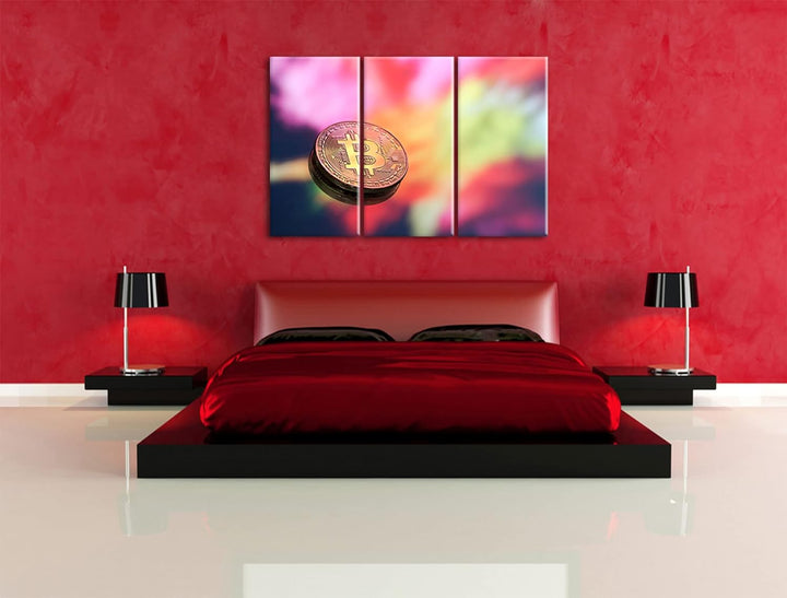 Bitcoin BTC bunte Darstellungals Leinwandbild 3 teilig | Grösse: 120x80 cm | Wandbild | Kunstdruck |