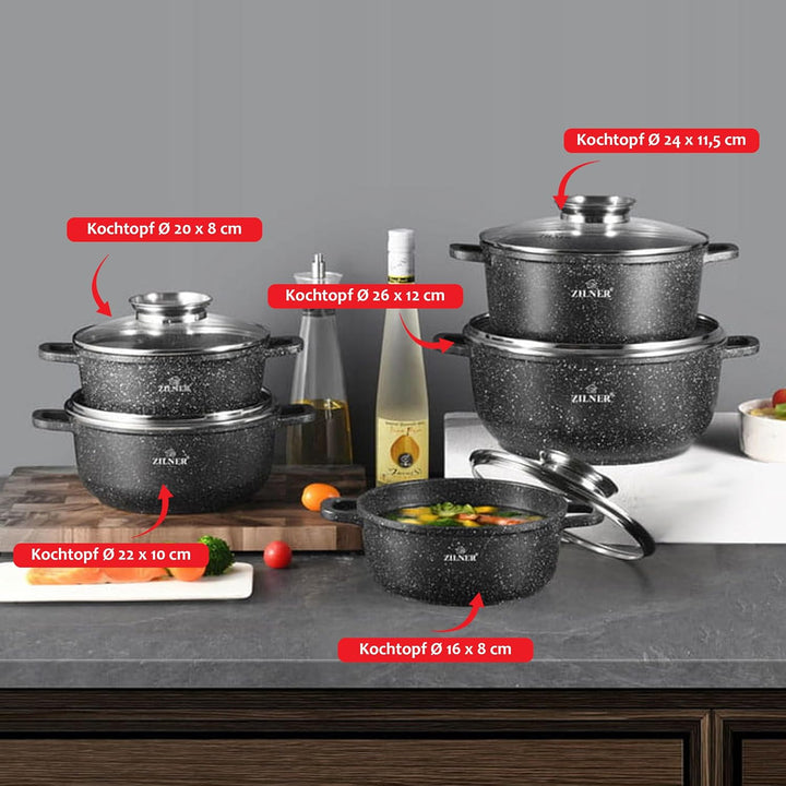 Topfset Induktion 10-Teilig mit Glasdeckel | Kochtopf Set 5 Töpfen aus Aluminiumguss | 5x Kochtöpfe