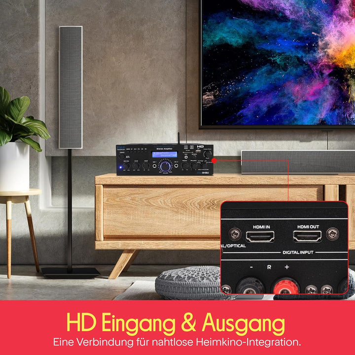 Pyle HiFi Verstärker, 200W Bluetooth Stereo Receiver mit HDMI, USB, UKW, AUX & Mic- Eingang, Mehrkan