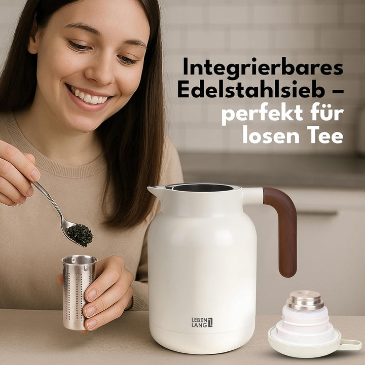 LEBENLANG Thermoskanne 1,5L Keramikbeschichtung - Inkl. Teesieb I 24h Heiss I Kaffeekanne Kaffee & T
