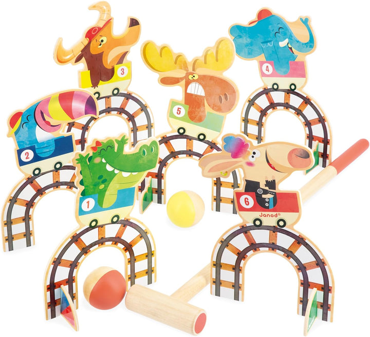 Janod - Kinder-Krocketspiel Applepop - Geschicklichkeitsspiel - 6 Tore + 2 Schläger + 2 Bälle - Förd