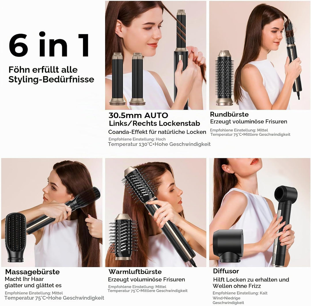 Airstyler 6 in 1 Hairstyler, 1400w Ionen Föhn, 110000 U/Min Multifunktionaler Lockenstab Automatisch