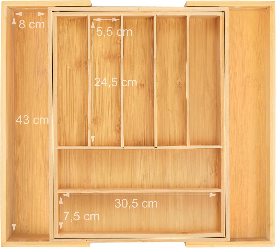 Relaxdays Besteckkasten für Schubladen, ausziehbar, 7-9 Fächer, HBT: 5 x 34-50,5 x 44,5 cm, Bestecke