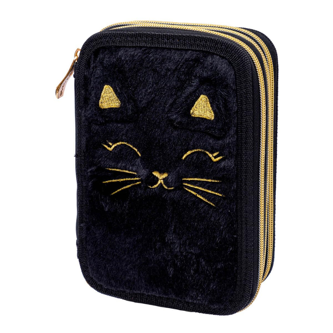ASTRABAG 3-Fach Mäppchen Federmappe Gefüllt Jumbo Fluffy Kitty Black mit Plüsch und Ohren