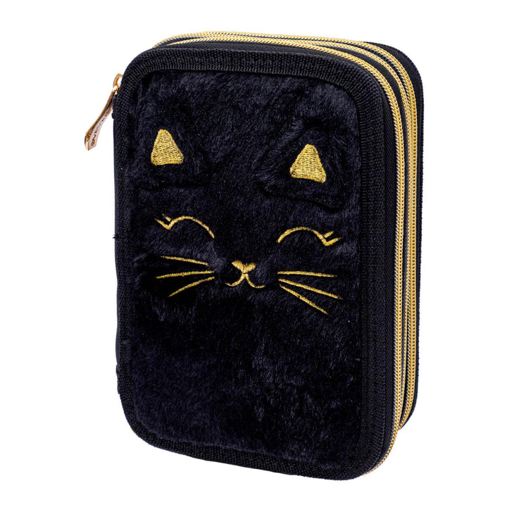 ASTRABAG 3-Fach Mäppchen Federmappe Gefüllt Jumbo Fluffy Kitty Black mit Plüsch und Ohren