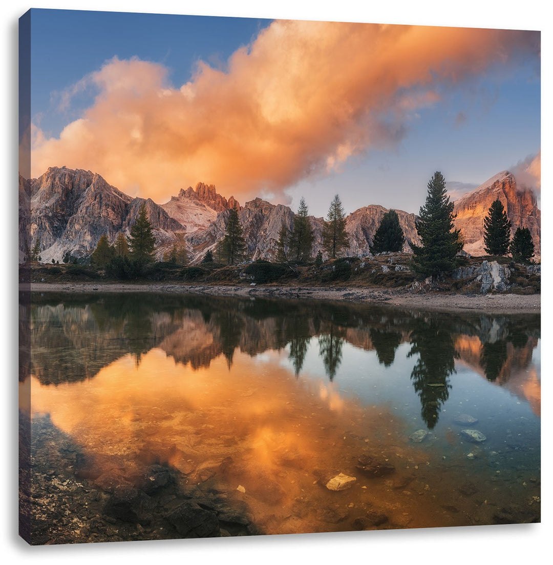 Pixxprint Bunte Dolomiten am See Limides, Format: 70x70 auf Leinwand, 70x70