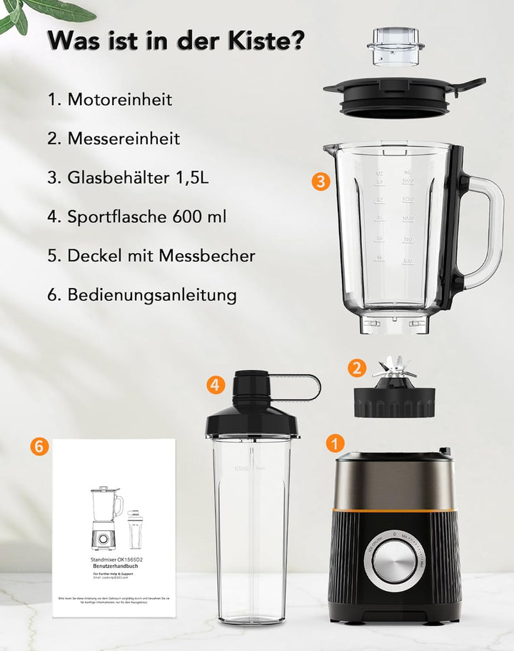 1000W Standmixer, Mixer, Glas 2-1 Mixer Smoothie Maker mit 1,5L Glaskrug und 600ml Reisebecher, Stuf