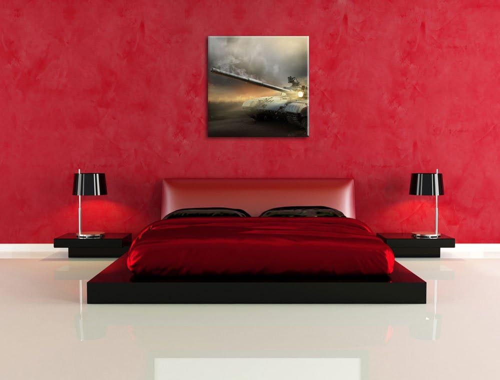Pixxprint Panzer im Nebel 70x70cm Leinwandbild Wandbild Kunstdruck, 70x70
