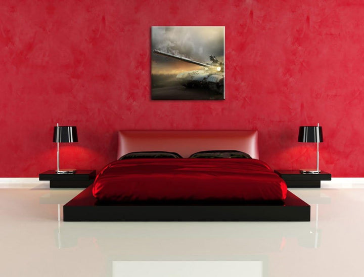 Pixxprint Panzer im Nebel 70x70cm Leinwandbild Wandbild Kunstdruck, 70x70
