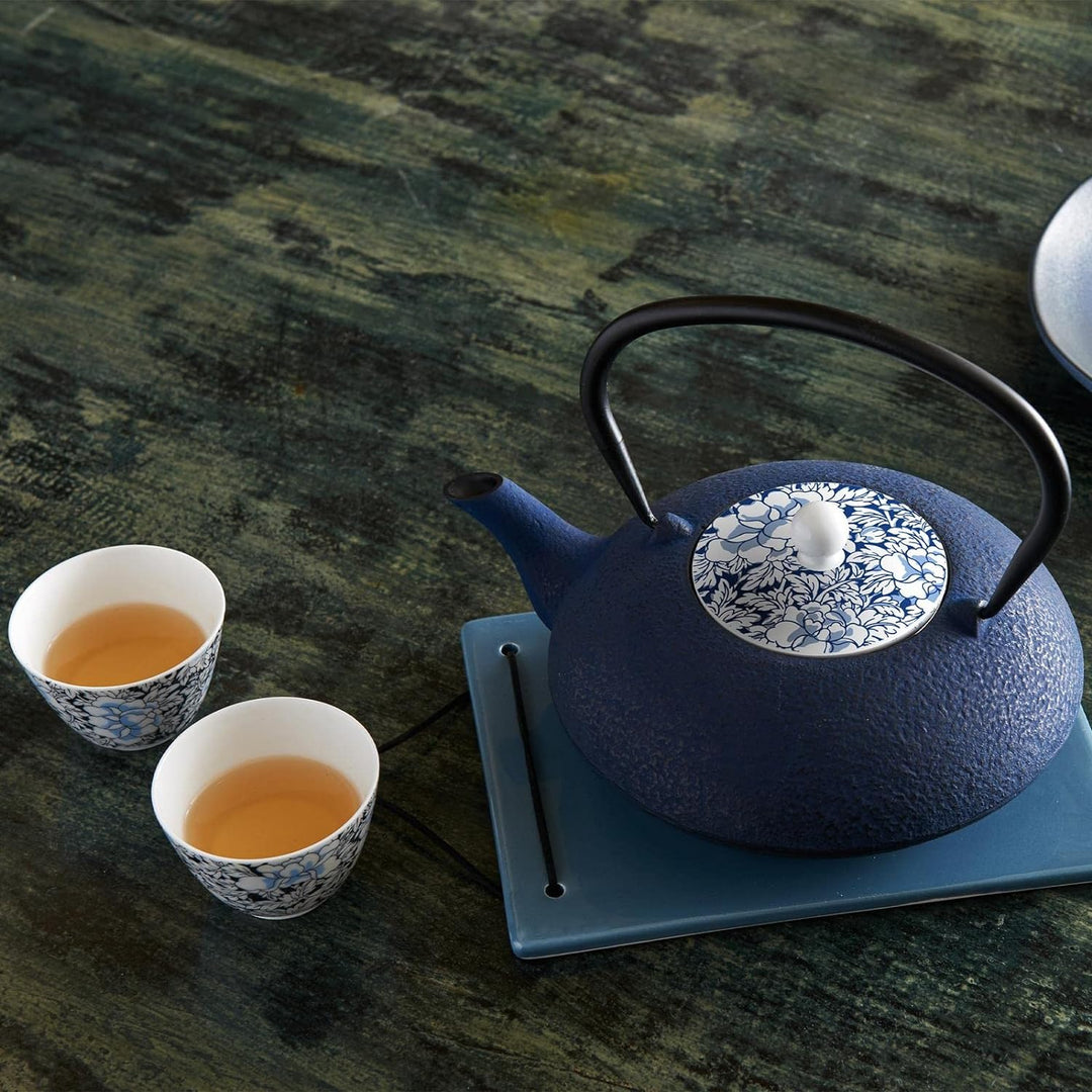 Teekanne asiatisch Gusseisen Set blau 1.2 Liter mit Henkel &amp; Edelstahl Tee-Filter-Sieb-Einsatz für l