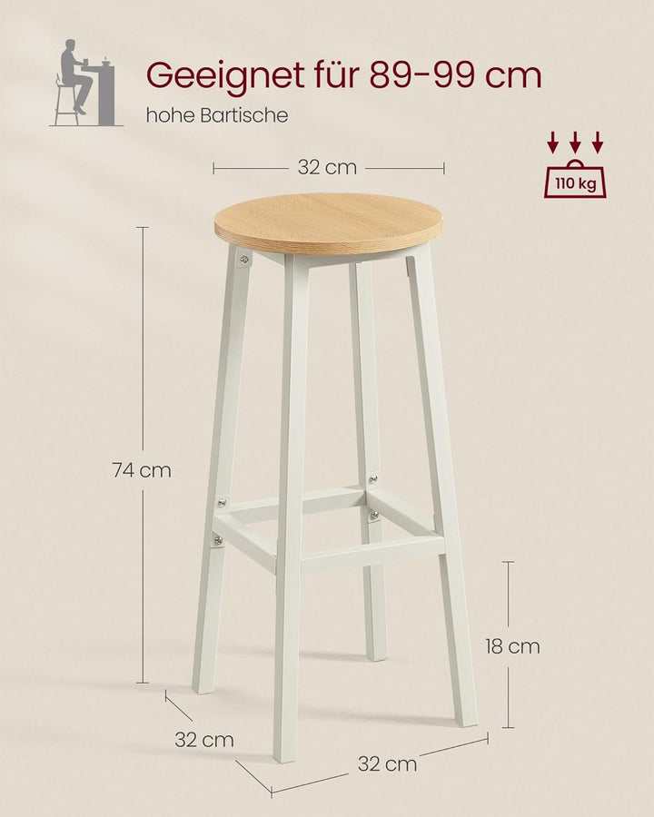 VASAGLE Barhocker, 2er Set, Barstühle, Küchenstühle mit Metallgestell, einfache Montage, 74 cm hoch,