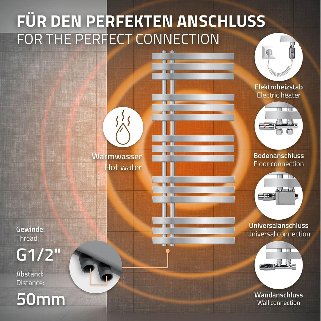 ECD Germany Iron EM Design Badheizkörper Elektrisch mit Heizstab 1200 W - 500 x 1200 mm - Chrom - De