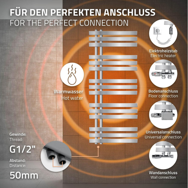 ECD Germany Iron EM Design Badheizkörper Elektrisch mit Heizstab 1200 W - 500 x 1200 mm - Chrom - De