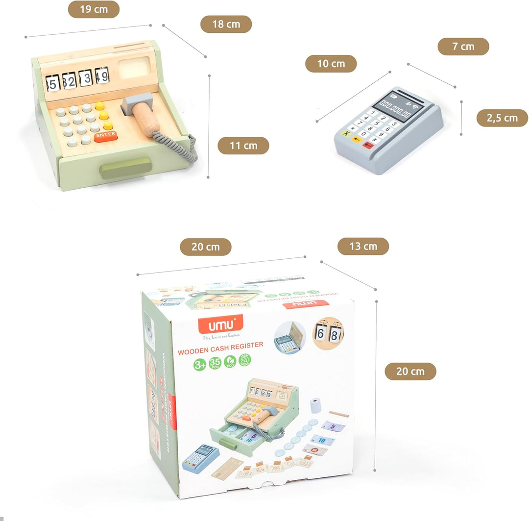UMU® Kinder Kasse aus Holz - inkl. Zubehör (Scanner, Zahlungsterminal, Spielgeld usw.), Kaufläden &