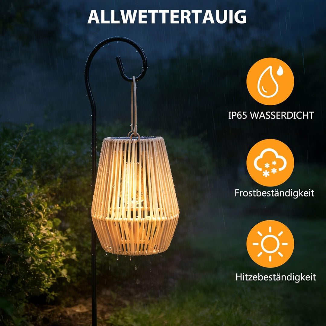 Solar Laternen für Aussen, 2 Stück Handgewebtes Rattan Solarlampen für Aussen Hängend, IP65 Wasserdi