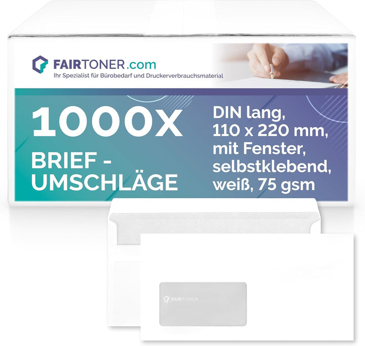 FairToner Briefumschläge DIN lang mit Fenster (1.000 Stück) selbstklebend, Fensterbriefumschläge 22