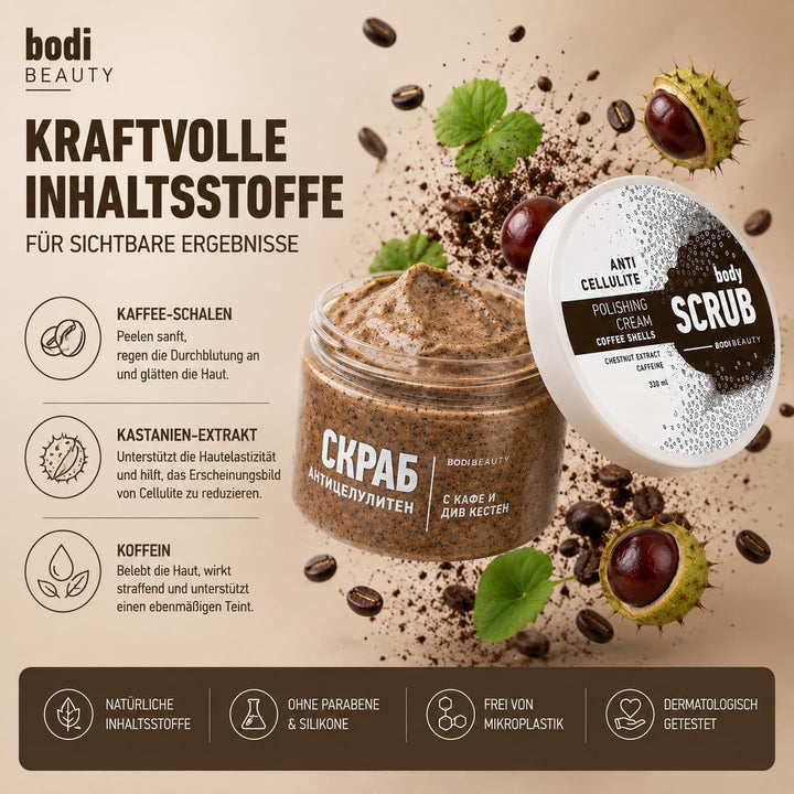 Anti-Cellulite Kaffee-Peeling &amp; Body Scrub 330 ml – Koffein, Kaffeepartikel, Shea &amp; Traubenkernöl, V