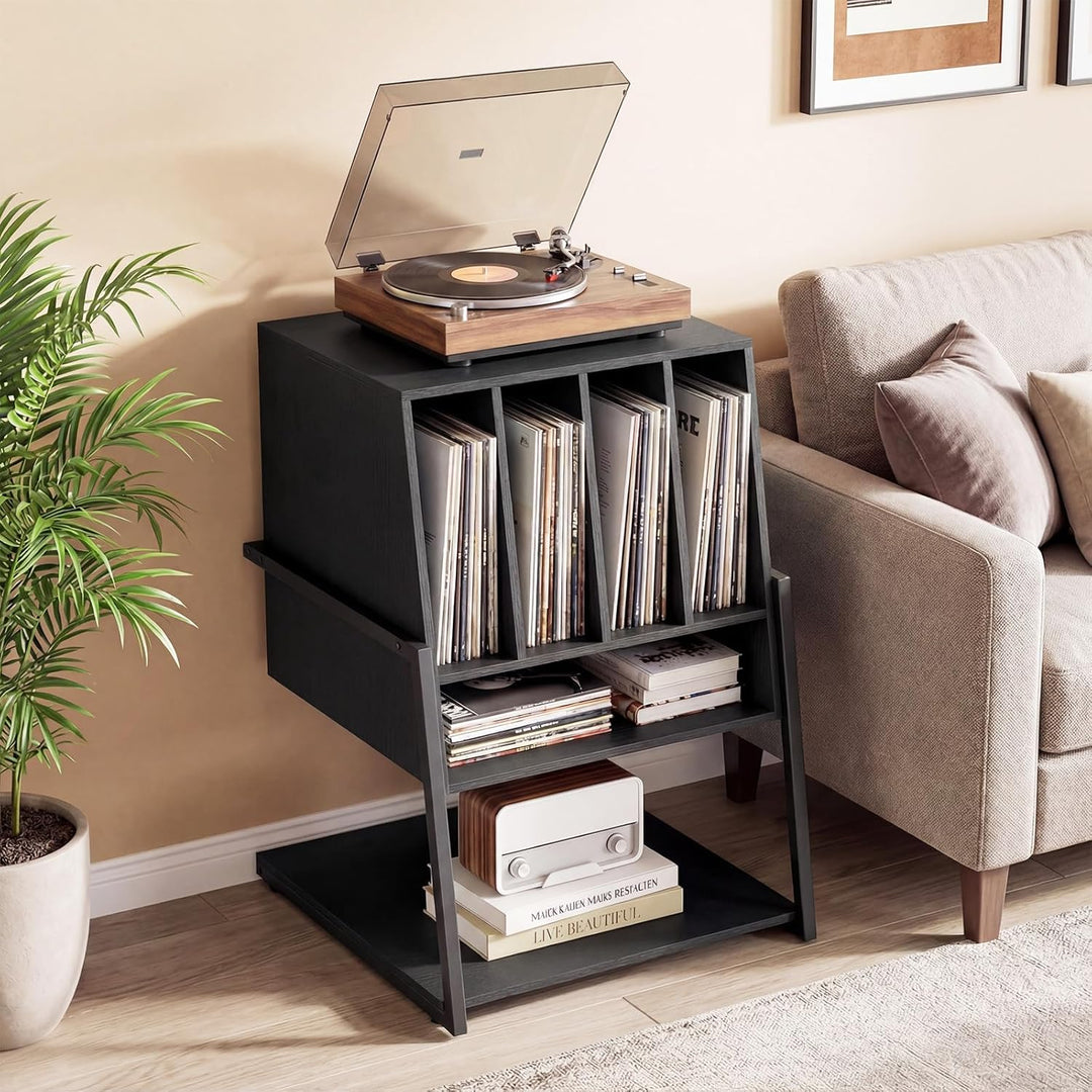 COSTWAY Plattenspielerständer, Vinyl Schallplattentisch mit breite Tischplatte, 4 Trennwänden & unte