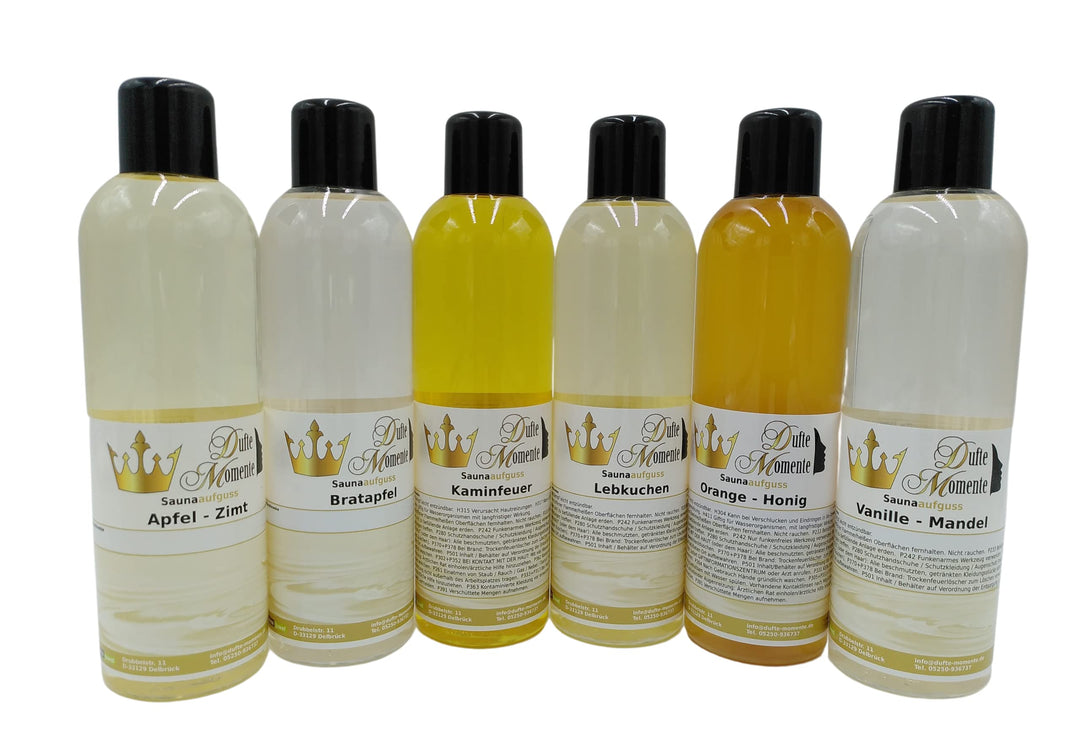 Dufte Momente | Weihnachtsduft 6 x 250ml Saunaduft Konzentrat - Apfel-Zimt, Bratapfel, Kaminfeuer, L