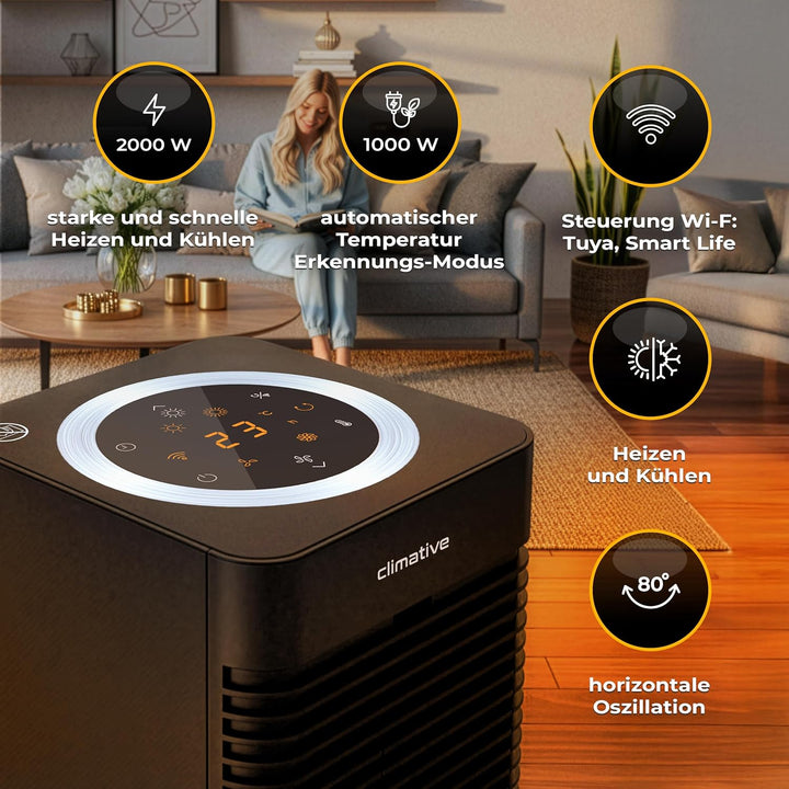 CoolHeat Keramik-PTC Heizlüfter 2000W WiFi 2-in-1 – Heizungslüfter & Turmventilator, 80° Oszillation