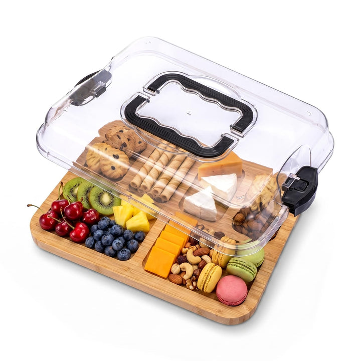 Charcuterie Brett mit klarem Deckelfür 2–4 Personen, Tragbares Bambus-Käsebrett mit 6 Fächern, Multi