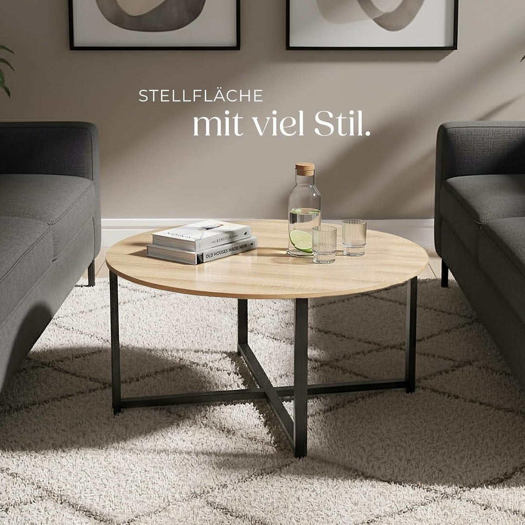 tectake® Couchtisch rund Holz und Metall, Beistelltisch rund, runder Tisch Wohnzimmer, Sofatisch, Wo
