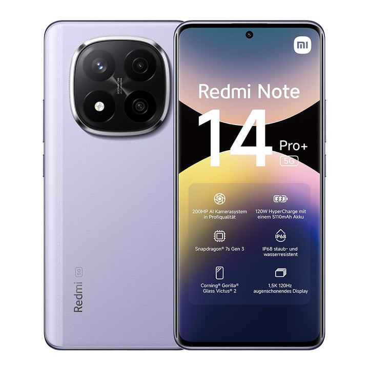 Xiaomi Redmi Note 14 Pro+ 5G Smartphone, 12 + 512GB, Purple, 200MP professionelle AI-Kamera, IP68, 1