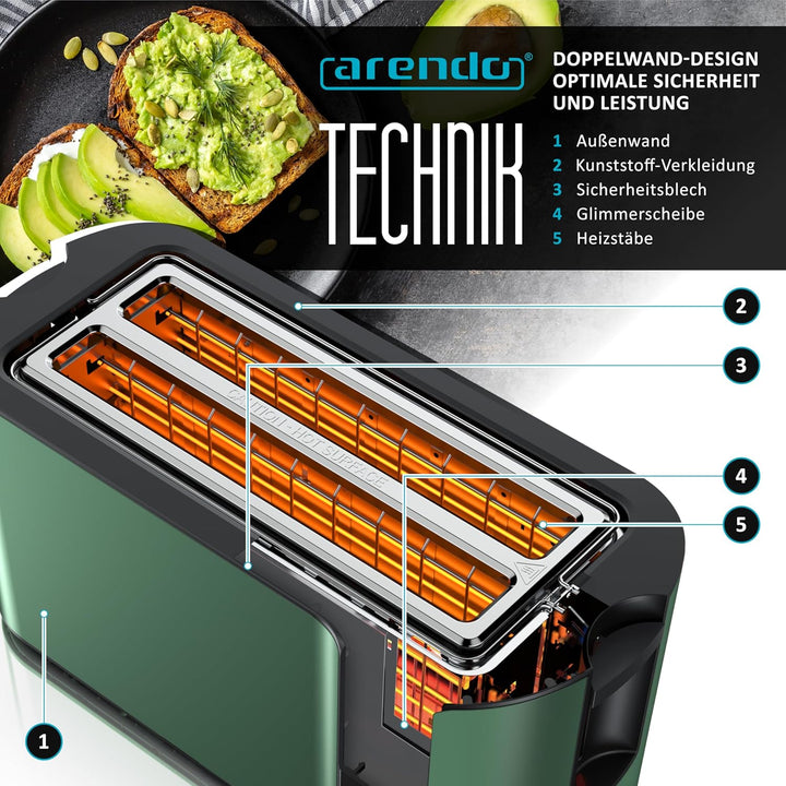 Arendo - Edelstahl Toaster Langschlitz 4 Scheiben- Touchscreen – Doppelwandgehäuse – 1500 W – Integr