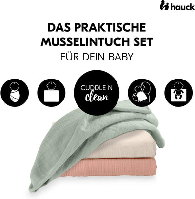 Hauck 4-in-1 Musselin Tuch für Babys Cuddle N Clean, 100% Baumwolle, 80 x 80 cm, 3er Set (Sage/Beige