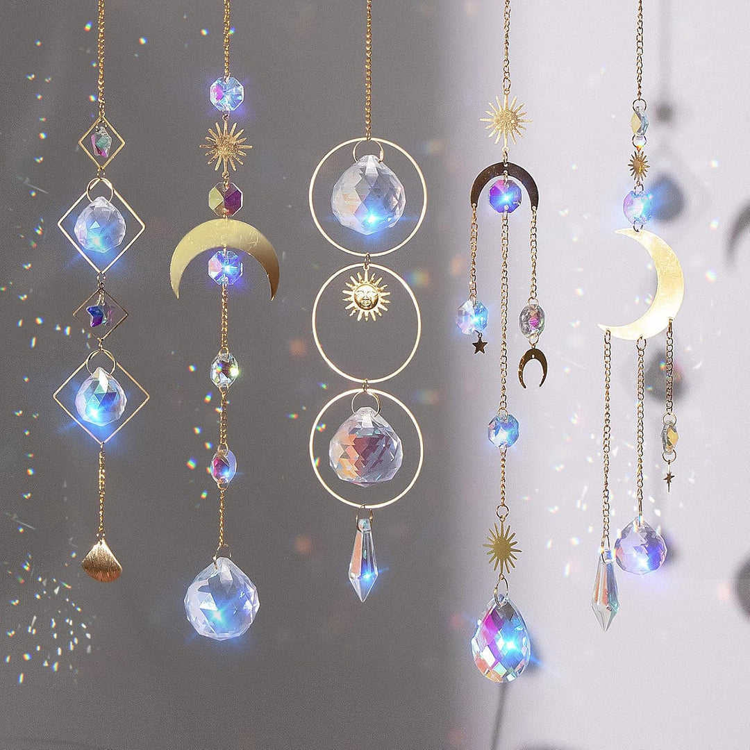 5 Stück Sonnenfänger Kristall Hanging Windspiel Regenbogen Sonnen Mond Anhänger Kristalle Ornament K