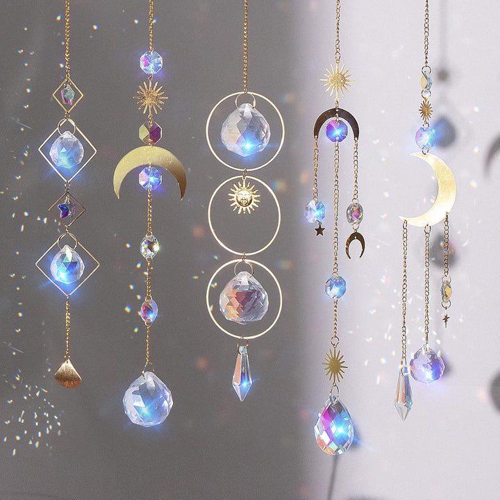 5 Stück Sonnenfänger Kristall Hanging Windspiel Regenbogen Sonnen Mond Anhänger Kristalle Ornament K