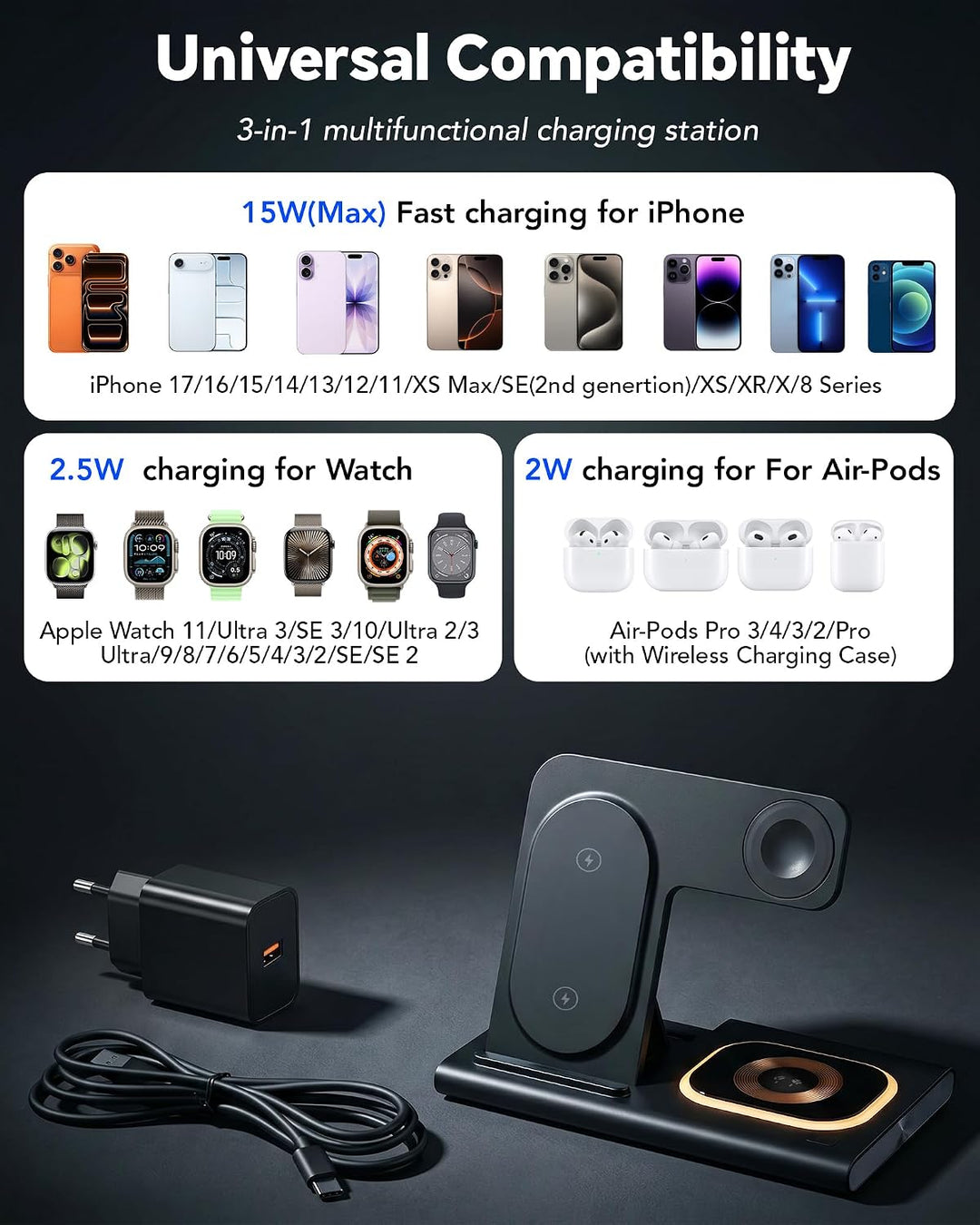Aimtel 3 in 1 Induktive Ladestation Faltbare&amp;Nachtlichter Kompatibel mit iPhone 17/17 Pro/17 Pro Max