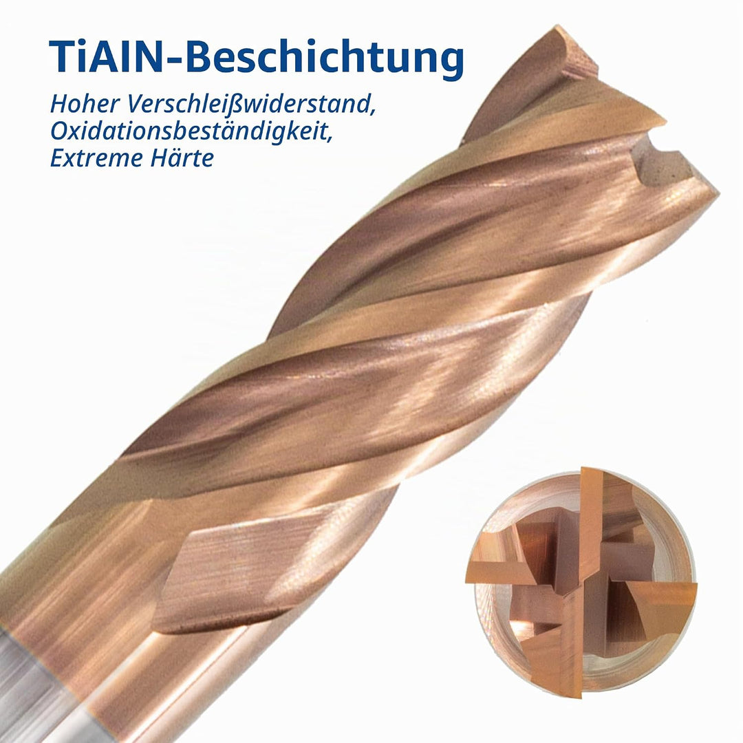 TJR Hartmetall 4-Schneider Uni Mill Set (6/8/10/12mm) – Mikrokorn-Hartmetall-Fräser mit TiAlN-Beschi