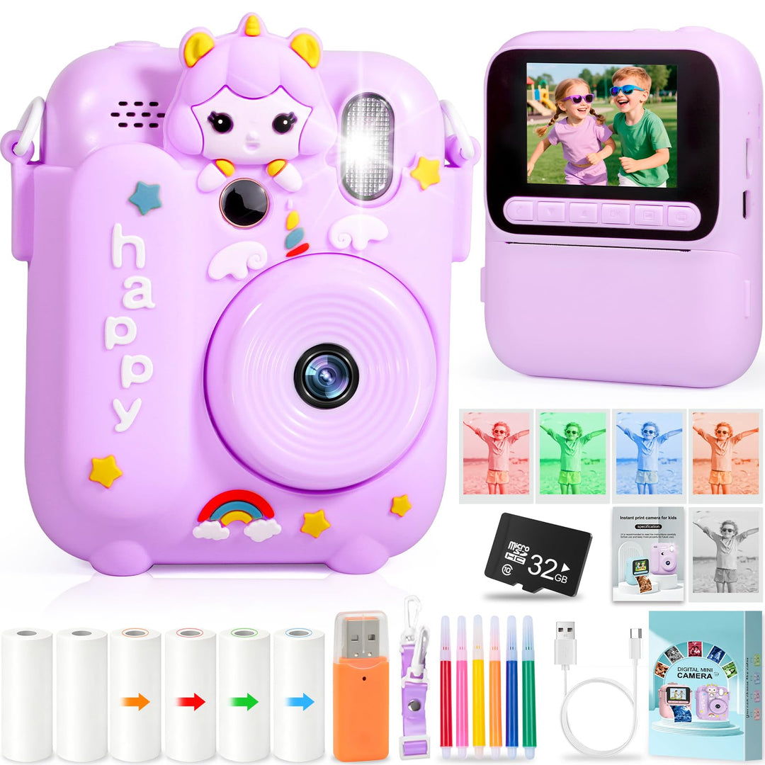 Sofortbildkamera Kinder, 2.4 Zoll Bildschirm Kinderkamera Sofortbildkamera mit 32GB Karte & 5 Rollen