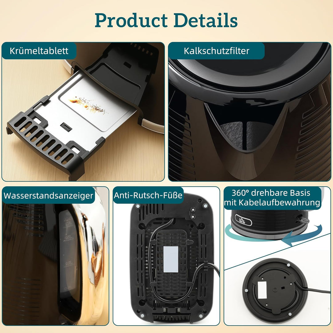 HOMCOM Wasserkocher Toaster Set 1,7L Wasserkocher mit Edelstahl-Innenraum, 2 Scheiben Toaster 2200W