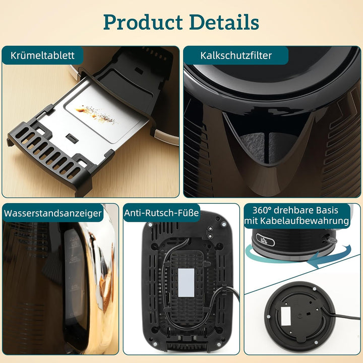 HOMCOM Wasserkocher Toaster Set 1,7L Wasserkocher mit Edelstahl-Innenraum, 2 Scheiben Toaster 2200W