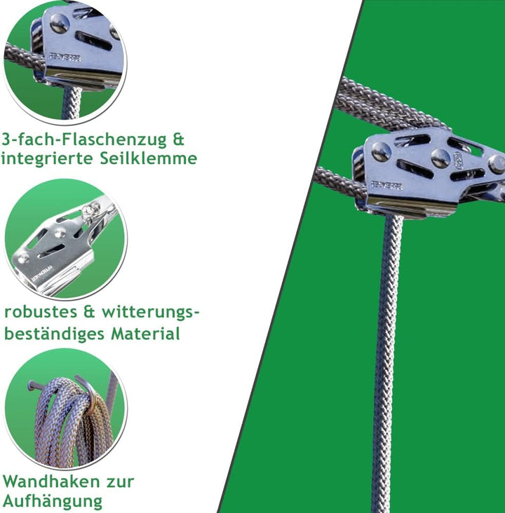 Pina DESIGN seit 1979 - Sonnensegel 3-Fach Flaschenzug Set - wandseitig, für Wandhalter/Profi Spanns